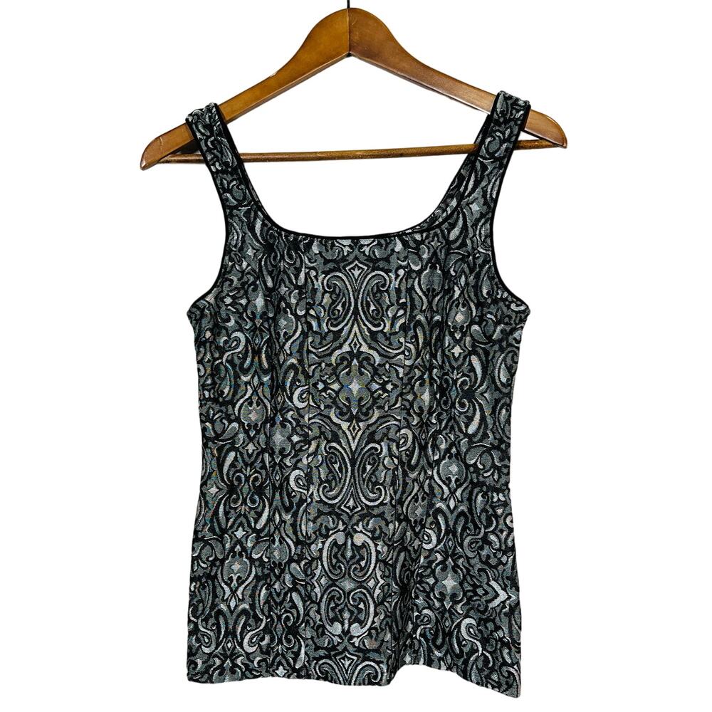 WHBM Mod Paisley Embroidered Tank Stretch Black Silver - XS